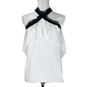 NWT bar III Off The Shoulder White Ruffle Top with Black Lace Trim Size Large
